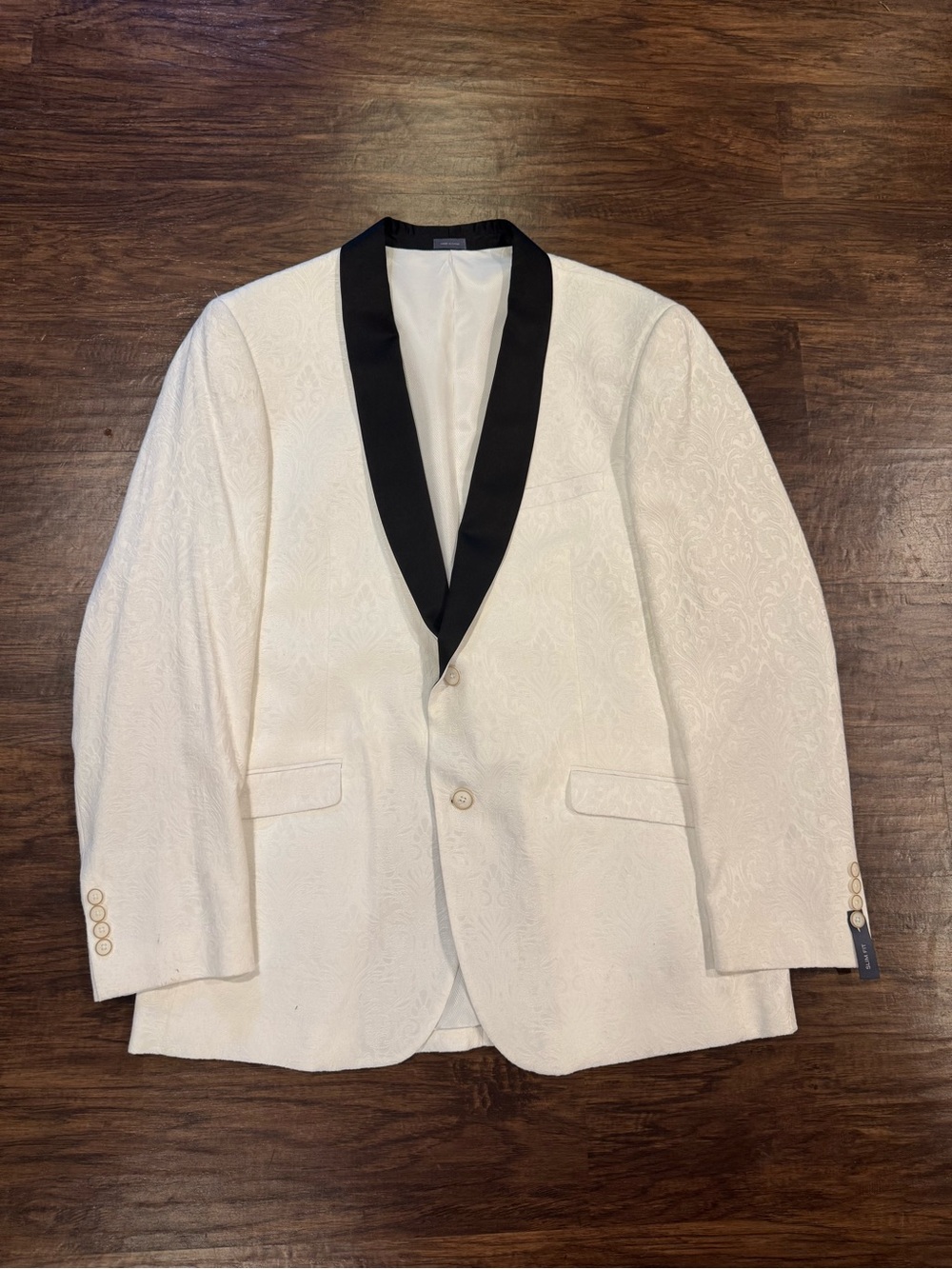 Madison White Paisley Shawl Collar Blazer with Black Trim